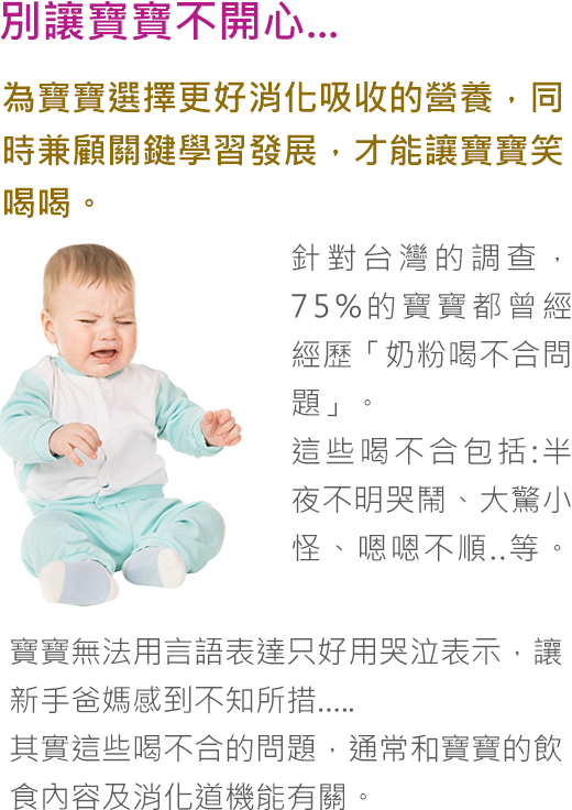 別讓寶寶不開心….
                          為寶寶選擇更好消化吸收的營養，同時兼顧關鍵學習發展，才能讓寶寶笑喝喝。
                          針對台灣的調查，75%的寶寶都曾經經歷「奶粉喝不合問題」。
                          這些喝不合包括：半又不明哭鬧、大驚小怪、嗯嗯不順…等。
                          寶寶無法用言語表達只好用哭泣表示，讓新手爸媽感到不知手措….
                          其實這些喝不合的問題，通常和寶寶的飲食內容及消化有關。